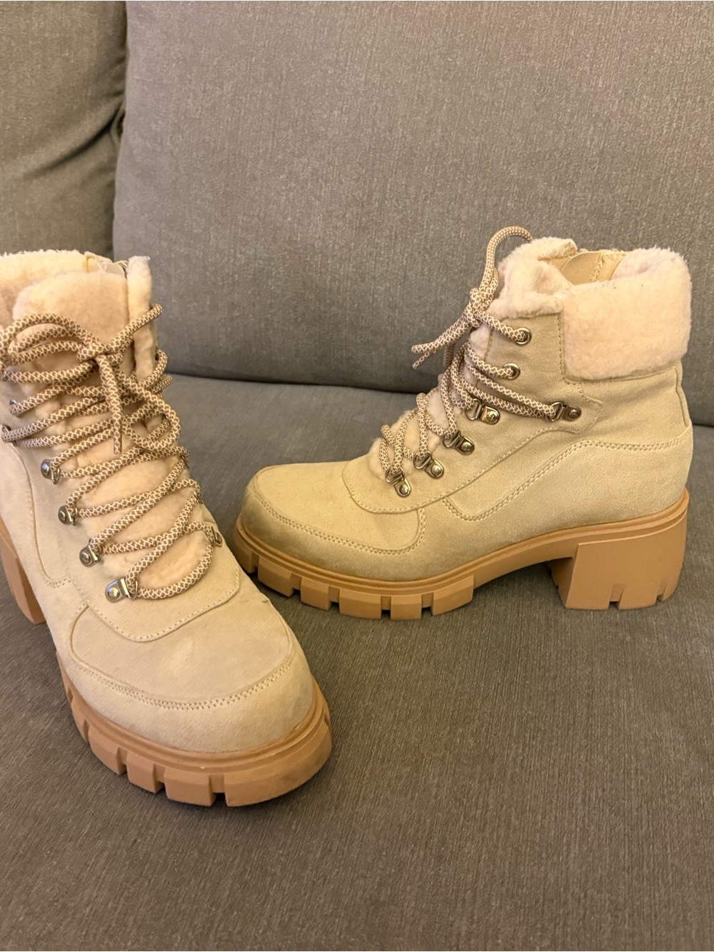 Soda Beige Suede Lace-Up Shearling Collar Lug Sole Boots